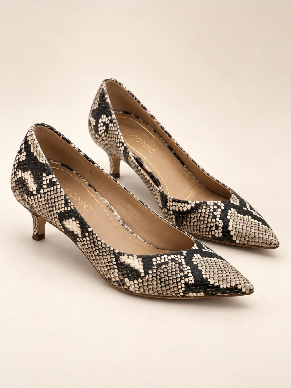 Vionic Josie Snake Print Leather Pointed Toe Kitten Heels 7.5